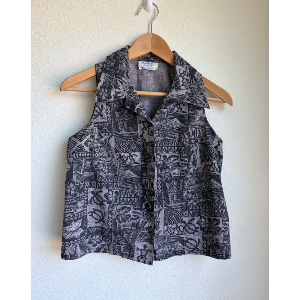 FIRST HAWAII Fashion Vtg 90s Sleeveless Black Grey Collar Shirt Top Womens XS-S